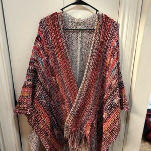 Red multicolored woven pancho